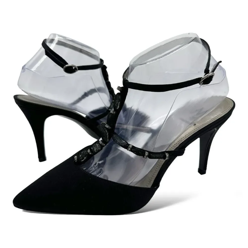 M. By Marinelli Black Satin Sparkly Jeweled T-Strap Stiletto Evening Sandal 8.5M